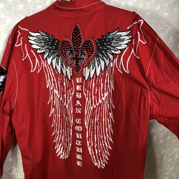 Victorious Men's Size 2XL Red Long Sleeve Embellished Wings Button Shirt Fleur - Picture 5 of 11